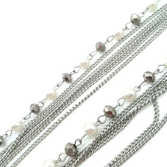 Faux Pearl Crystal Necklace Beaded Multi-Strand Layered Tassel Silver-tone Chain - Picture 16 of 16
